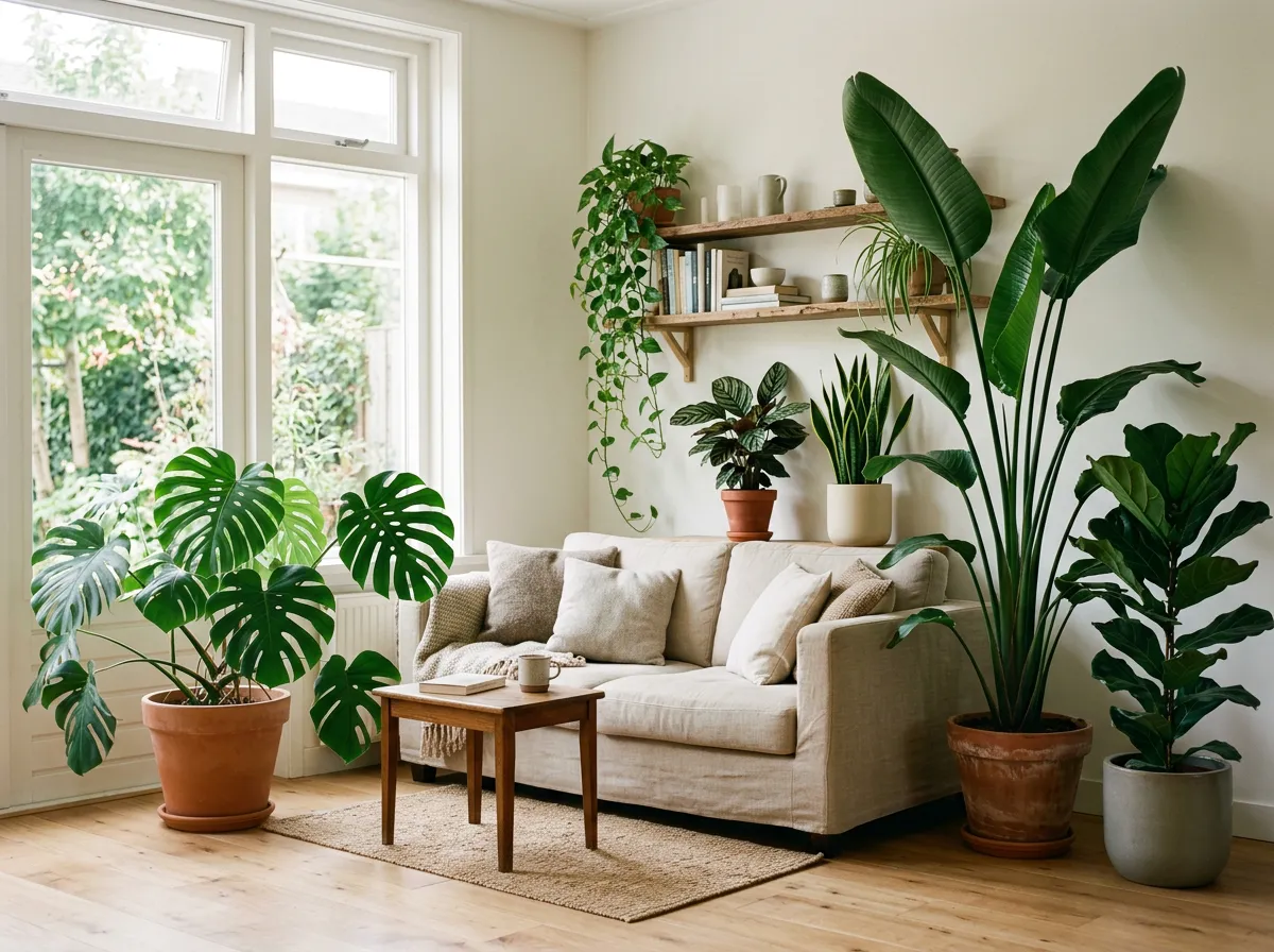 Lichte woonkamer vol kamerplanten: Monstera, Strelitzia, vioolbladplant, Pothos en Sansevieria
